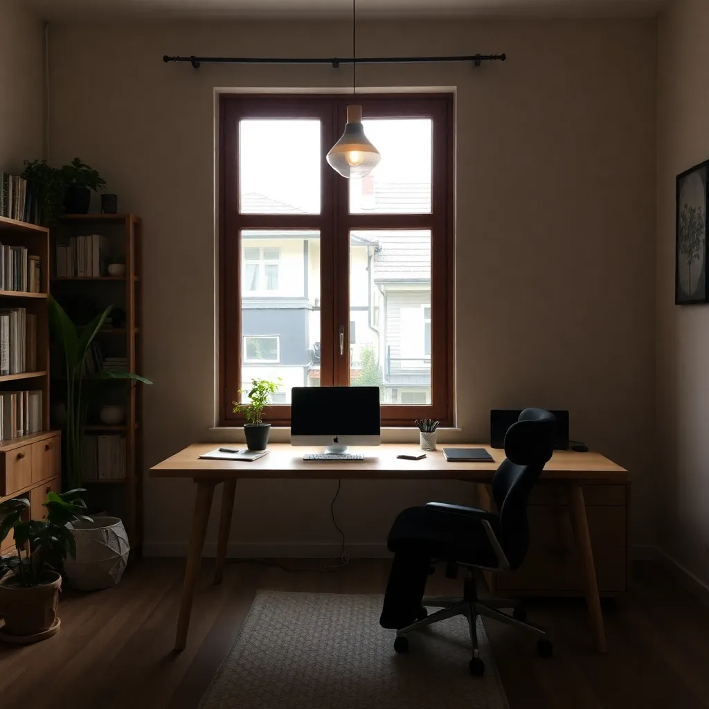 Modern Homeoffice Arbeitsplatz mit Tageslicht und Pflanzen