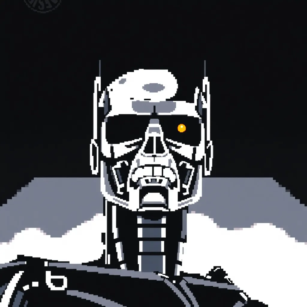 Photorealistische Darstellung eines Arcade-Automaten im Terminator-Stil bei Nacht