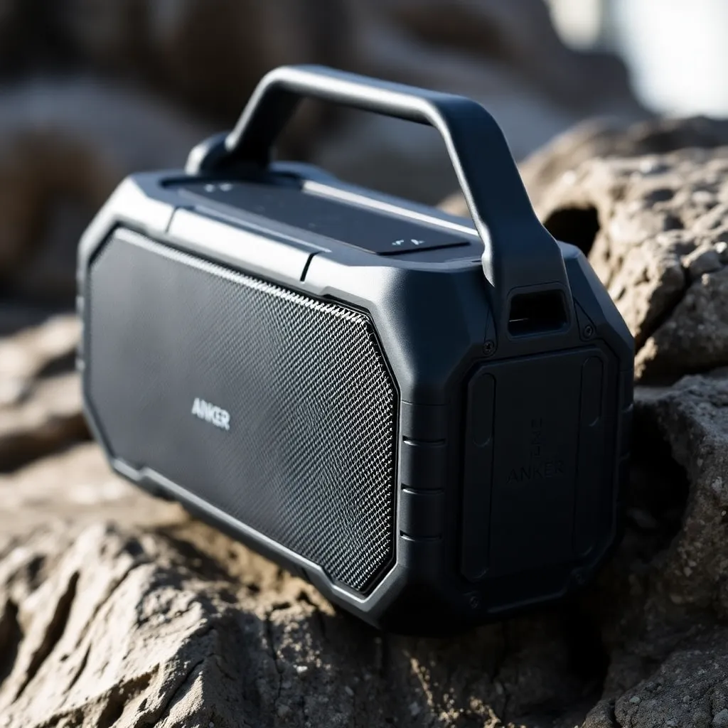 Soundcore Boom 2 Pro Bluetooth-Lautsprecher mit LED-Beleuchtung im Outdoor-Einsatz am Wasser