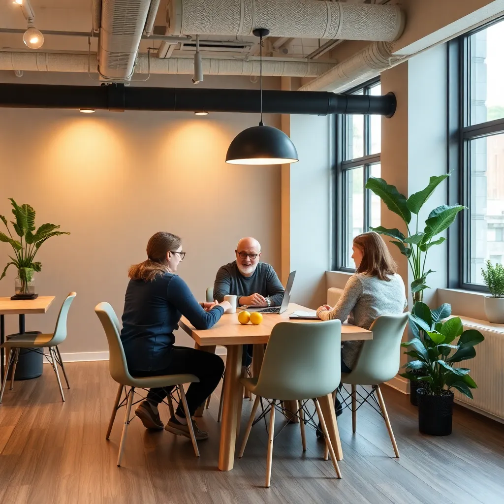 Moderner Coworking-Space mit verschiedenen Arbeitsbereichen und vernetzten Fachleuten