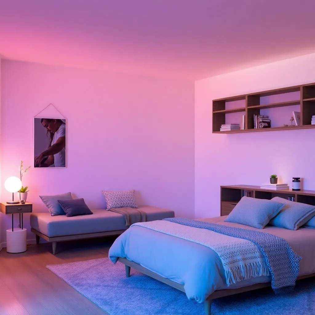 Modernes Wohnzimmer mit Philips Hue Beleuchtung und diskret installierter Kamera
