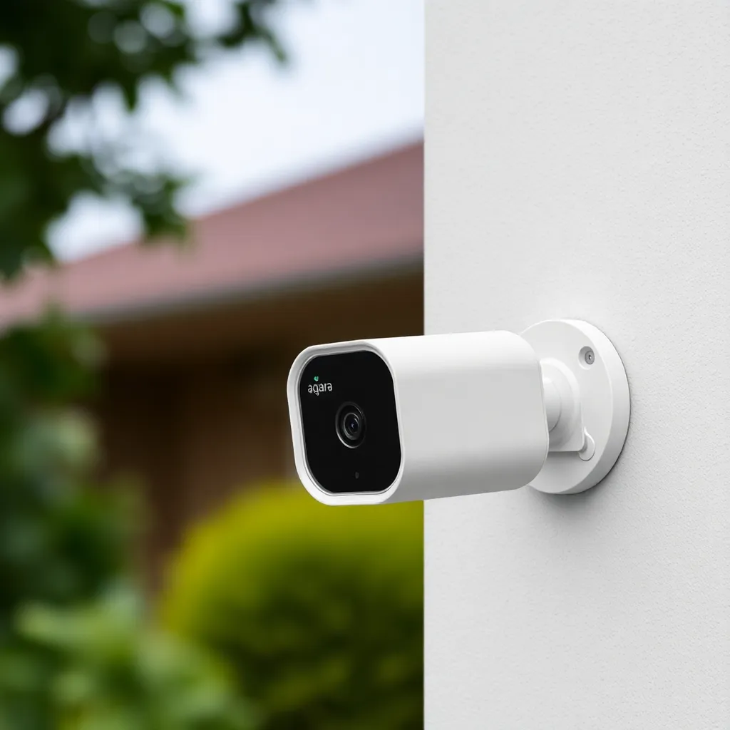 Outdoor-Sicherheitskamera an einer Hauswand, Smarthome-Umgebung, modernes Design