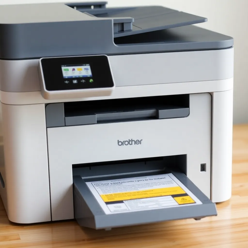 Brother Drucker auf Schreibtisch, daneben Original und Alternativtoner, Nutzer prüft Firmware Update
