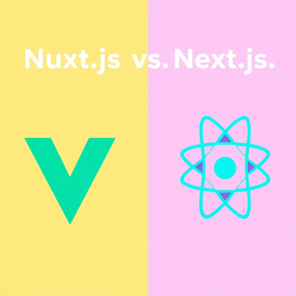 Arbeitsplatz eines Webentwicklers mit Nuxt.js und Next.js Logos auf Monitoren, softwarebezogene Szene