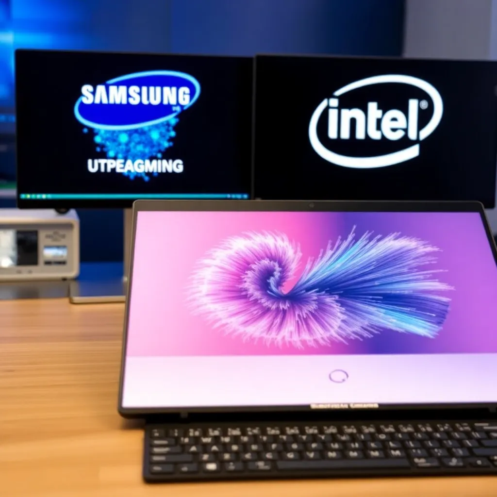 Laptop mit OLED-Display und KI-Visualisierung in moderner Umgebung