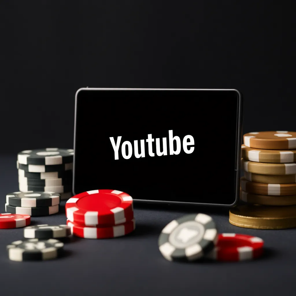 Laptop mit geöffnetem YouTube-Fenster und Glücksspiel-Chip, kein Text