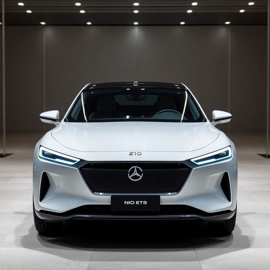 Futuristische elektrische Limousine NIO ET9 im Abendlicht auf moderner Straße.
