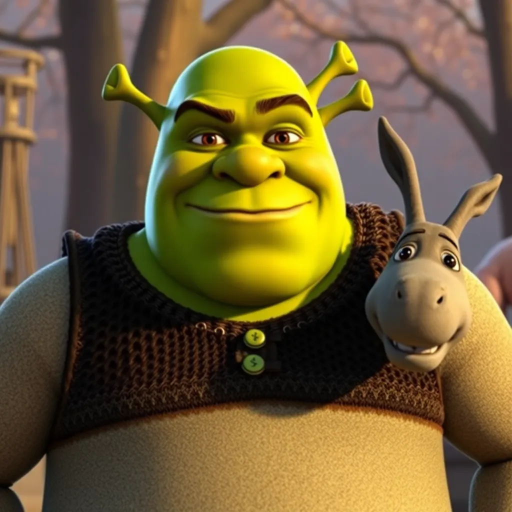 Fotorealistische Darstellung von Shrek und Freunden im modernen Märchensumpf